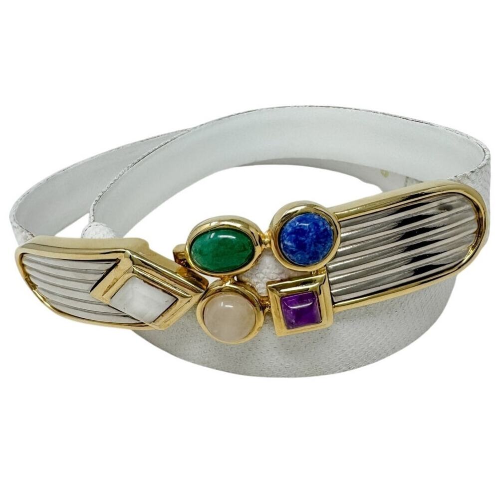 Judith Leiber vintage gemstone cabochon belt white leather adjustable OS